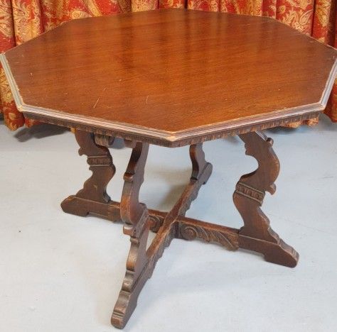 Antique Octagon Wood Table Carved Walnut Jacobean Renaissance Card Game Parlor library Victorian Old 009
