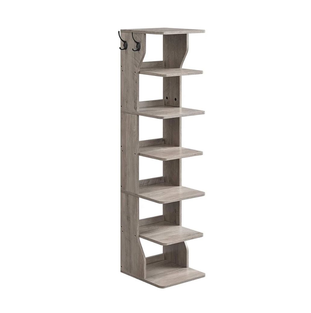 VASAGLE 7-Tier Vertical Shoe Rack Narrow Shoe Storage Organizer with Hooks - Heather Greige