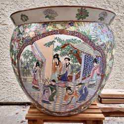 Vintage Oriental Chinese Decorative Planter/Hand Decorated Ceramic Jardinière/Cachepot/Rose Medallion/Gold/Koi Fish/14”x12”