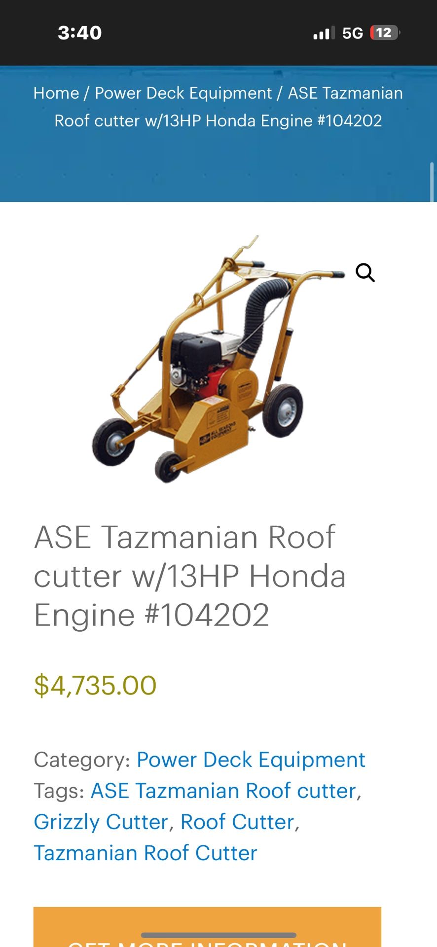 ASE Tazmanian Roof cutter w/13HP Honda Engine #104202