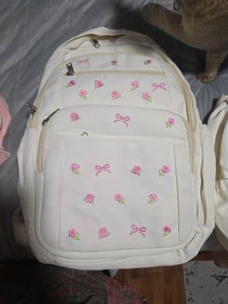 Cream Backpack with Floral Bow Embroidery
