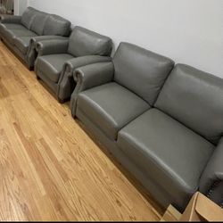 Gray Top Leather Sofa, Loveseat, and Chair
