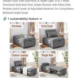 Sleeper Chair With USB Ports & Night Lights 4-in-1 Multi Functional 