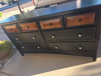 Black Wood Dresser with Brown Drawer Fronts