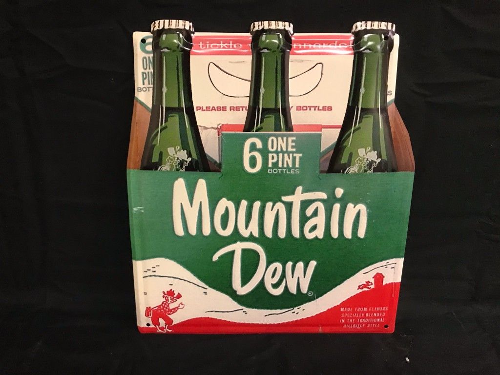 MOUNTAIN DEW 6 ONE PINT BOTTLES EMBOSSED METAL SIGN