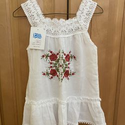 domna bogioka Children’s White Cotton Summer Dress With Red Embroidered  Roses Made In Greece Size 4 New With Tag