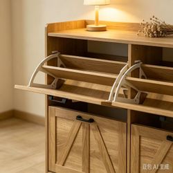 Shoe cabinet with 4 flip drawers, country-style storage (light oak color)