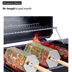 Rolling Grill Basket, Removable Wooden Handle,