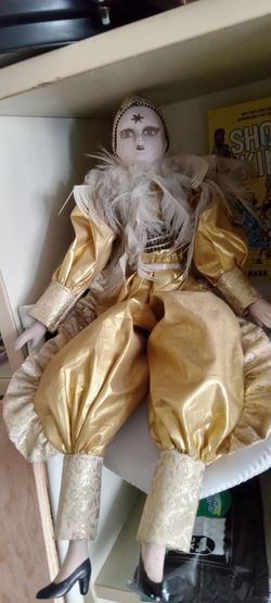 Porcelain Harlequin Jester Doll Gold Costume