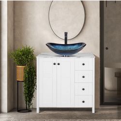  32 Inches Traditional Bathroom Vanity Set in White Finish, Single Bathroom Vanity with Marble Texture Top and 4 Drawers, Boat Blue Glass Sink Top wit