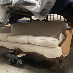 Antique French Louis XV Style Carved Walnut Gold Upholstered Sofa