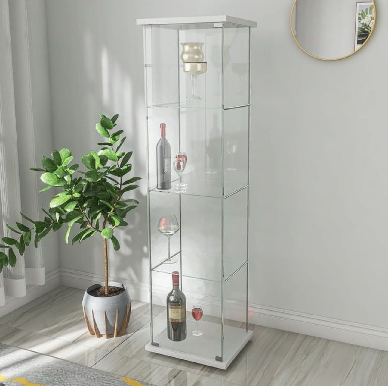Transparent cabinet tempered ,glass Wine Display Cabinet, Cabinet with 4-Tier Glass Shelving, Tall Floor Standing Bookcase for Living Room Bedroom Off