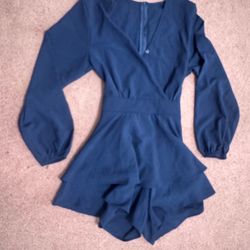 New small navy blue long poof sleeve dress romper bow boho short ruffle tie 