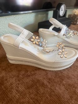 White Platform Wedge Sandals with Crystal Flowers