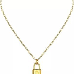 D Lock Initial Necklace for, Gold Plated Stainless Steel Paperclip Chain 18-20"