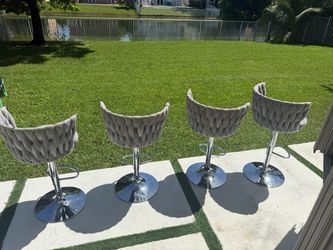 Modern Grey Velvet & Chrome Adjustable Bar Stools (Set of 4)
