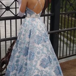 Prom Dress  Embroidered Blue Floral  Print
