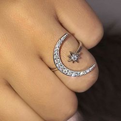 (Shipped Only) Silver Crescent Moon & Star CZ Ring