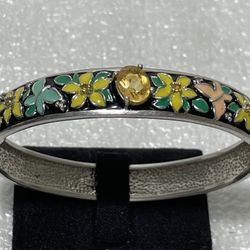 Vintage 925 Silver Floral Enamel & Gemstone Hinged Bangle ~ Hallmarked ~ 34.1 gr