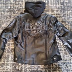 Harley Davidson leather jacket with a removable zip-up hoodie.
