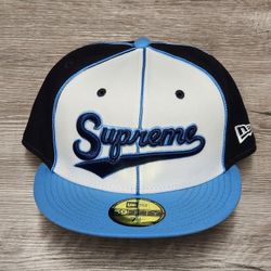 SUPREME X NEW ERA PIPING SCRIPT LOGO NAVY/ BABY BLUE FITTED CAP SZ 7 3/8 NEW SS25 