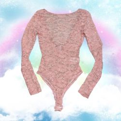 🌸 New Sexy Girly Pink Floral Flower Sheer Lace Bodysuit with Snap Crotch Closure and Low Back 🌸