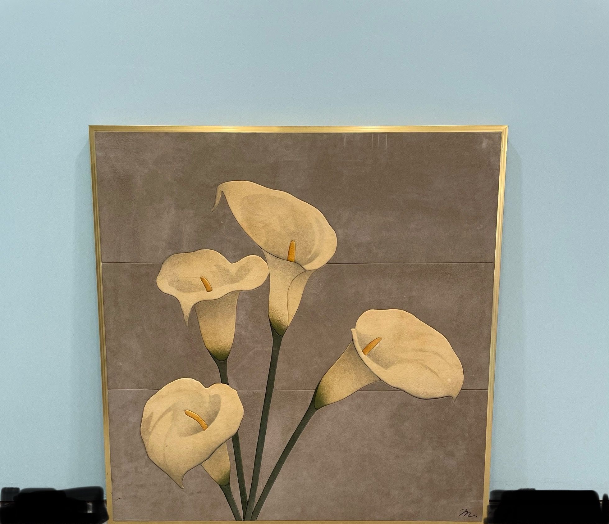 Vintage Mid Century Suede Wall Art Calla Lilies 37” By 37”