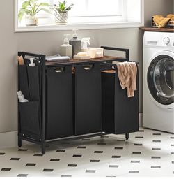 Laundry Hamper with Shelf, 3 Pull-Out Bags, 3 x 10.6 Gallons (40 L) Laundry Basket, Laundry Sorter 3 Section, Metal Frame, Ink Black and Rustic Brown,