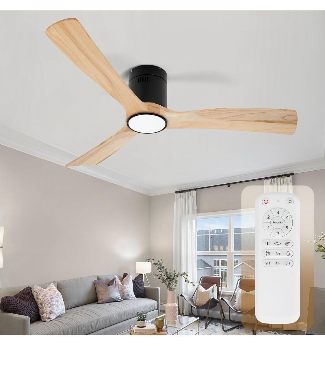52inch Ceiling Fan with Lights,Flush Mount Wood Ceiling Fans with Remote Control,Dimmable Light,Noiseless DC Motor,Ceiling Fan for Bedroom,Living Room