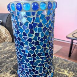 Candle Holder Blue Beaded Mosaic Holder