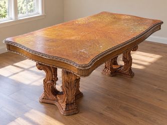 Vintage Ornate Double Pedestal Dining Table with 2 Extension Leaves