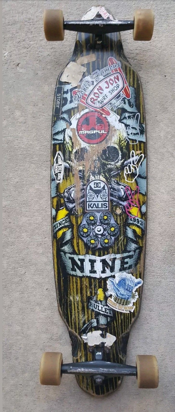 Yellow Skull Sector 9 Longboard w/ Gull wing trucks & venom wheels 39.5 length