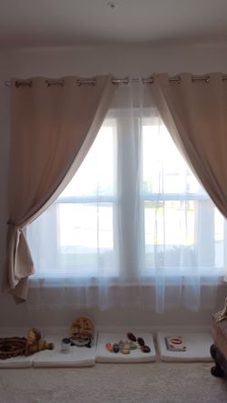 Beige Blackout Curtains with Sheer Overlay + Rod