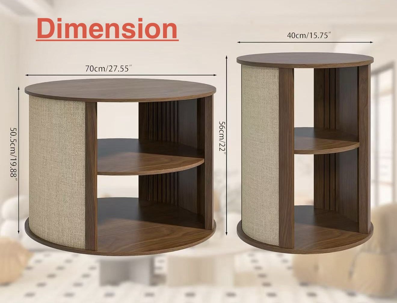 🥨2Pcs Round Table Set 2 Tier Boho Mid Century Modern Wooden Center Coffee Table and End Table with Adjustable Shelf Sackcloth Finish Farmhouse