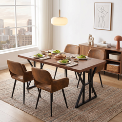 Homy Casa Leonard + Mayfair 5PC Dining Set 63" Table with 4 Suede Brown Upholstered Chairs, Black Legs