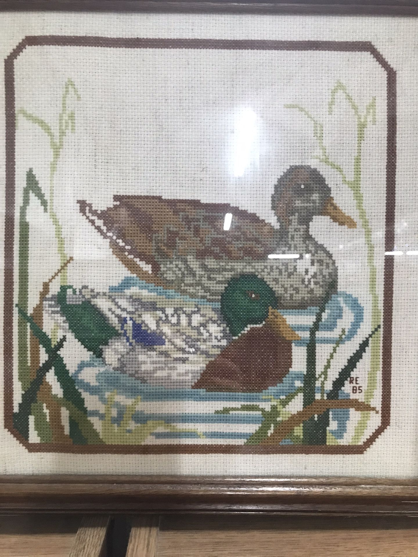 Duck Framed Cross Stitched Pictures Oval And Square $30 For The Pair