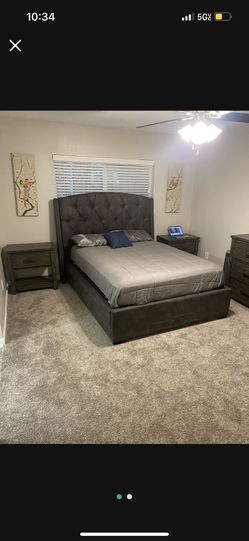 Gray, Tufted Queen Size Bed Frame, 1 Dresser, And Two Matching Night Stands