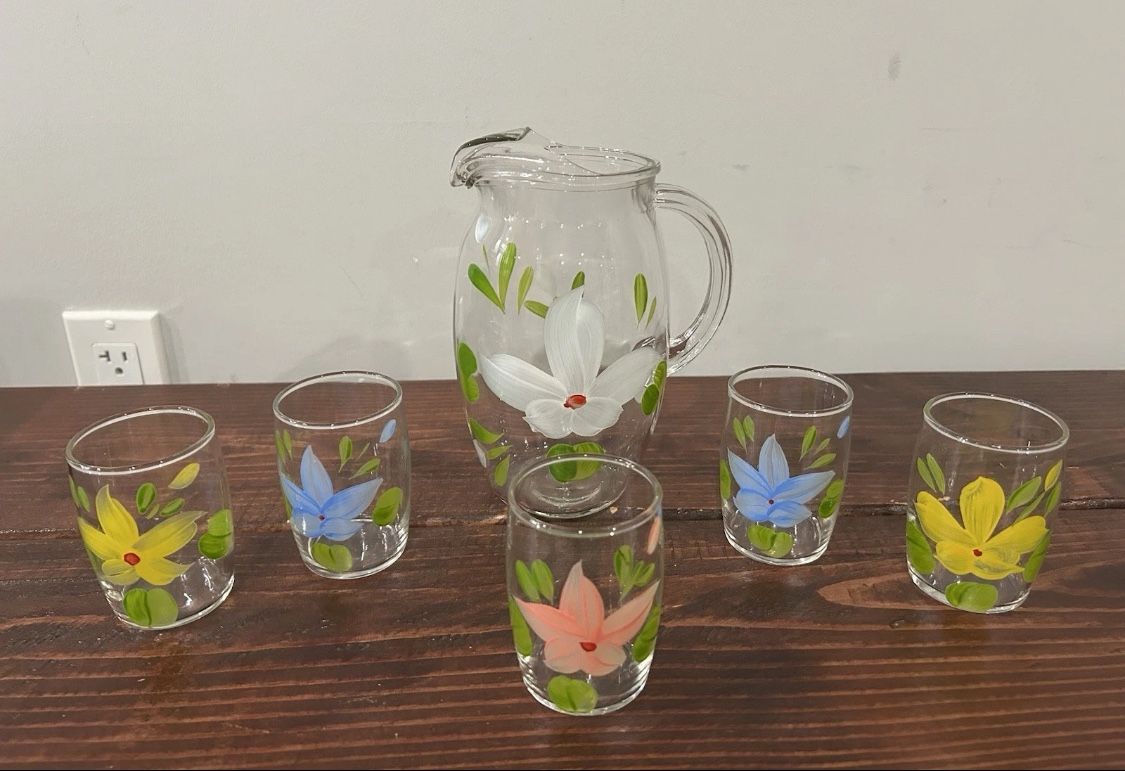 Ransburg Pitcher Glass Cup Hand Painted Floral Flower Set Vintage MCM Retro