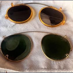 Vintage  2 Pair Green Shaded Brass Plastic Clip Sunglasses Glasses Specs 