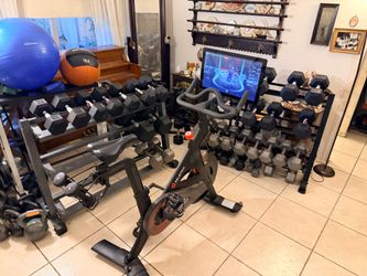 PELOTON BIKE  ORIGINAL  PELOTON  MODEL IN  GREAT  CONDITION : READY  TO  GO  / COMES  WITH  3LB.  DUMBBELLS 
   °•°  ALSO AVAILABLE  : RUBBER  &  STEE