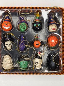 Vintage Halloween Resin Ornament Set 12pc Pumpkin Witch Skeleton Cat Mummy