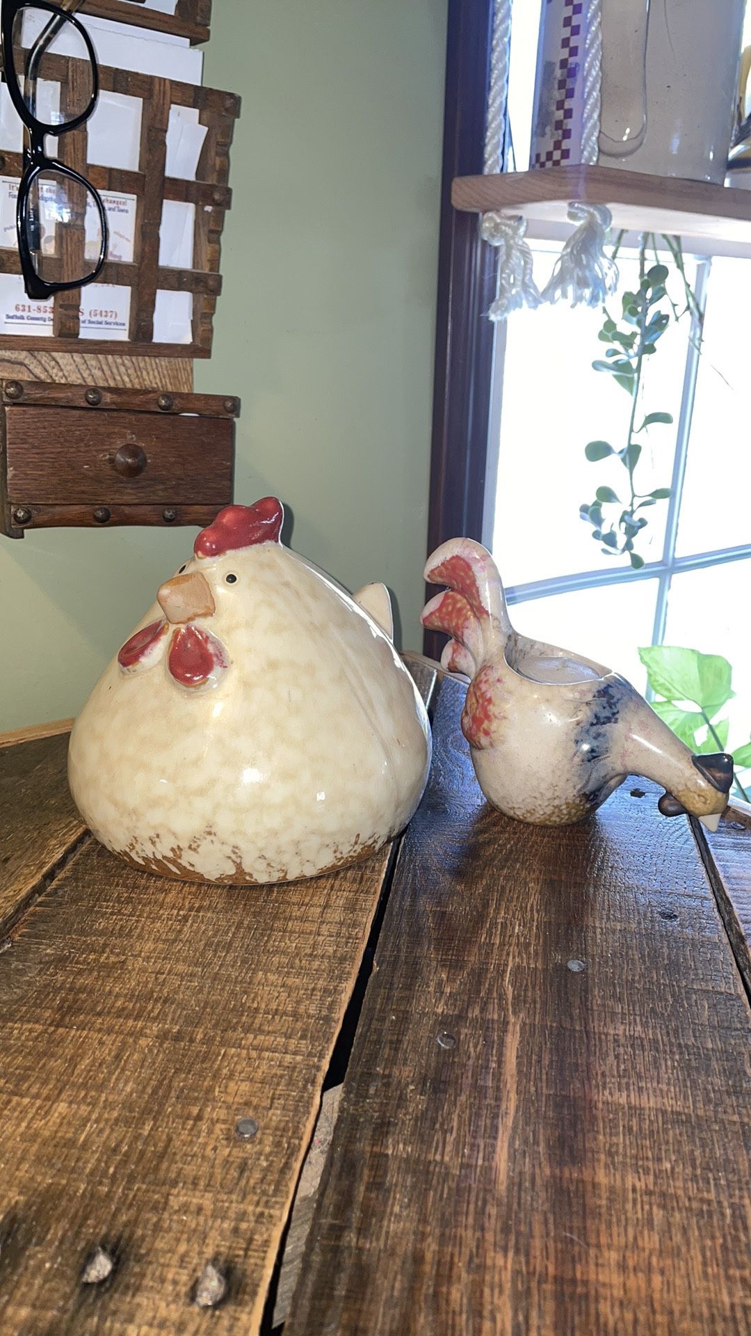 Farmhouse Rustic Ceramic Chicken and Rooster candle holder decor