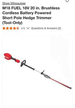 Milwaukee Fuel M18 20" short pole hedge trimmer. New tool only