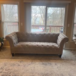 2 French Gray Sofas With Single Chair And Table