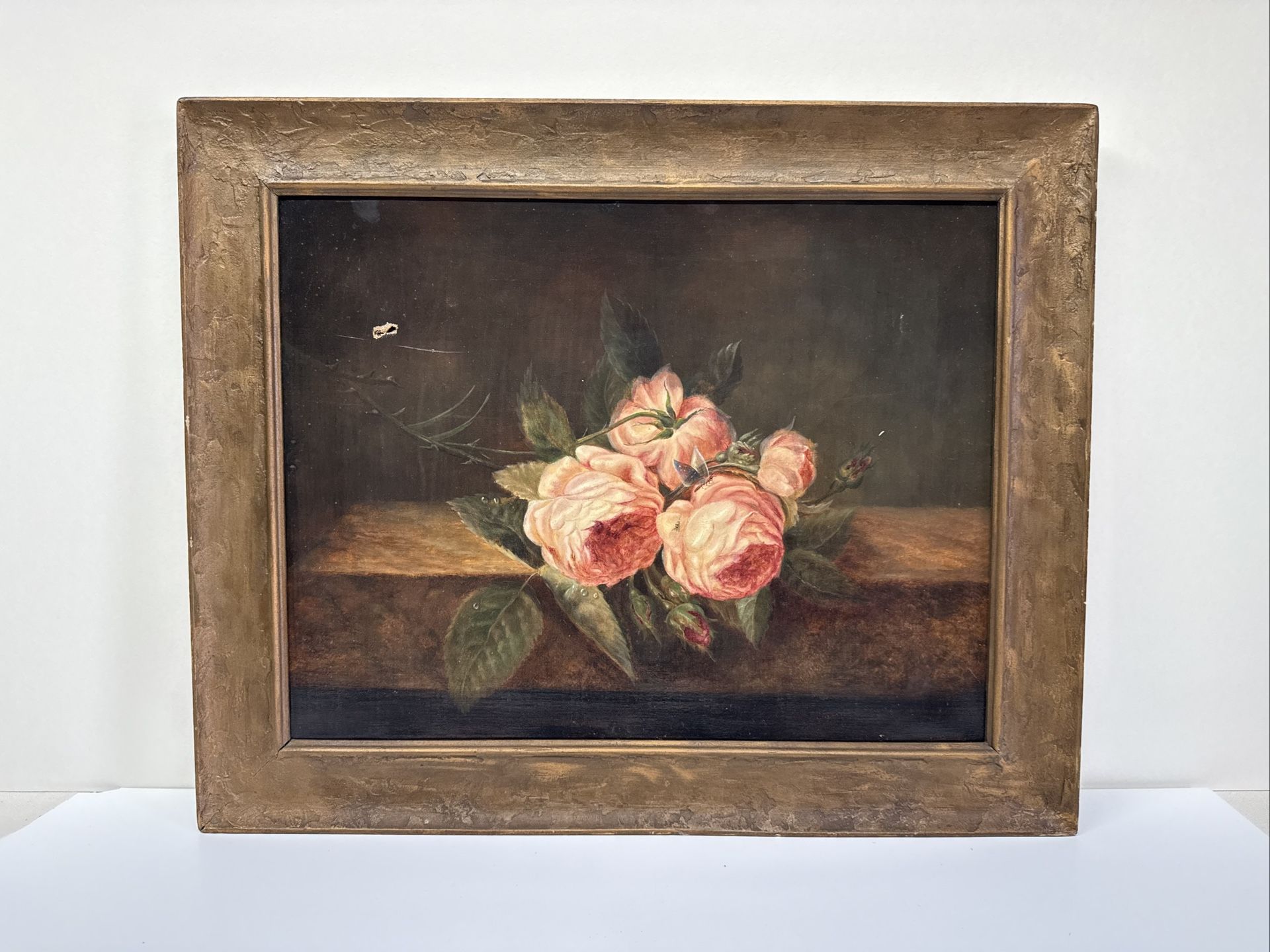 Pink Roses Antique Oil Painting Unsigned 18x14” Framed Butterfly Painting Oil
