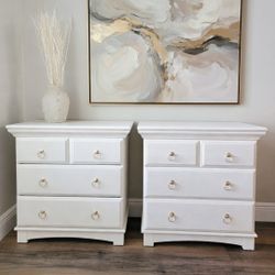 Vintage Pair " Ivory Faux Linen " Wood Oversized Nightstands 