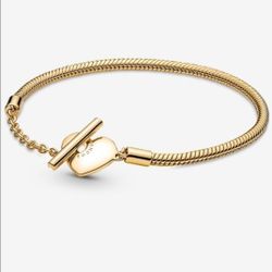 Pandora Moments Heart T-Bar Snake Chain Bracelet 14K gold plating size 6.7"