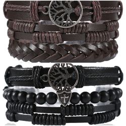 2 x Set Adjust. Size up to 9.5inc Leather Bracelet, Tree of Life (Black-Brown)