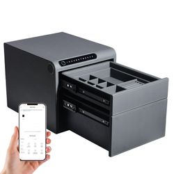 242 Modern smart safe is constructed with a grey leather-textured exterior and features two sliding drawers for organized storage. It has a digital ke