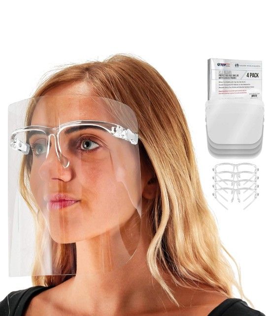 TCP Global Salon World Safety Face Shields with All Clear Glasses Frames (Pack of 4) - Ultra Clear Protective Full Face Shields to Protect Eyes, Nose,